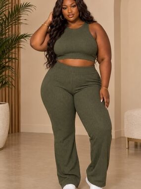 Ribbed High-Waist Wide-Leg Pants SET - Olive